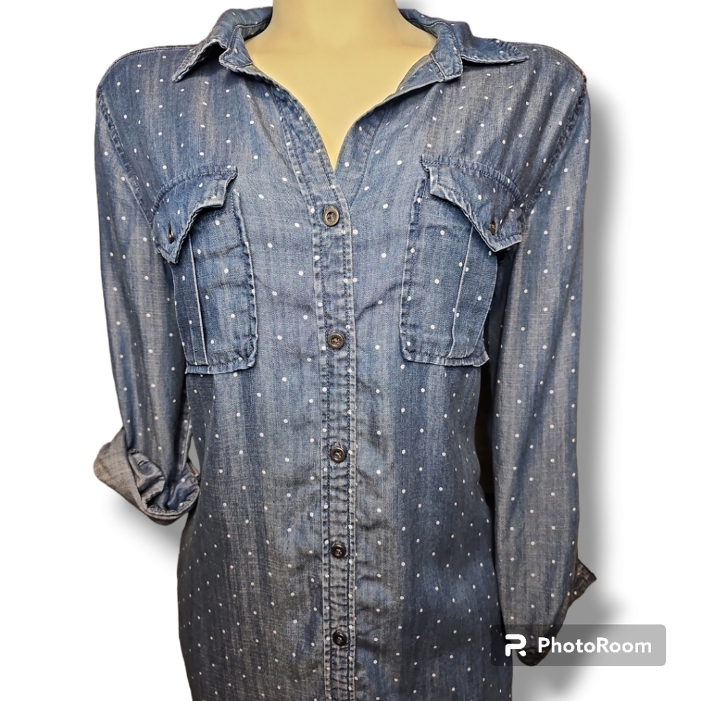 Med Philosophy polka dotted denim like shirt dress with pockets - Picture 2 of 9